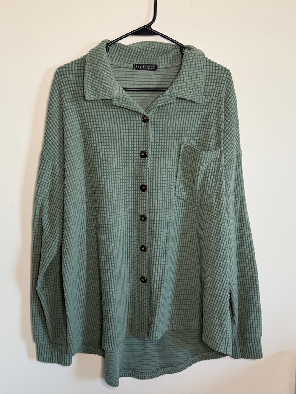 SHEIN Sage Green Waffle Knit Button-Down Shirt Cardigan